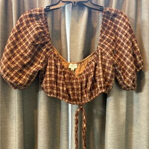Le Lis Brown Checkered Puff Sleeve Blouse